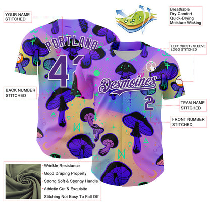 Custom Purple White 3D Pattern Design Trippy Psychedelic Magic Mushrooms Authentic Baseball Jersey - Sky-Custom