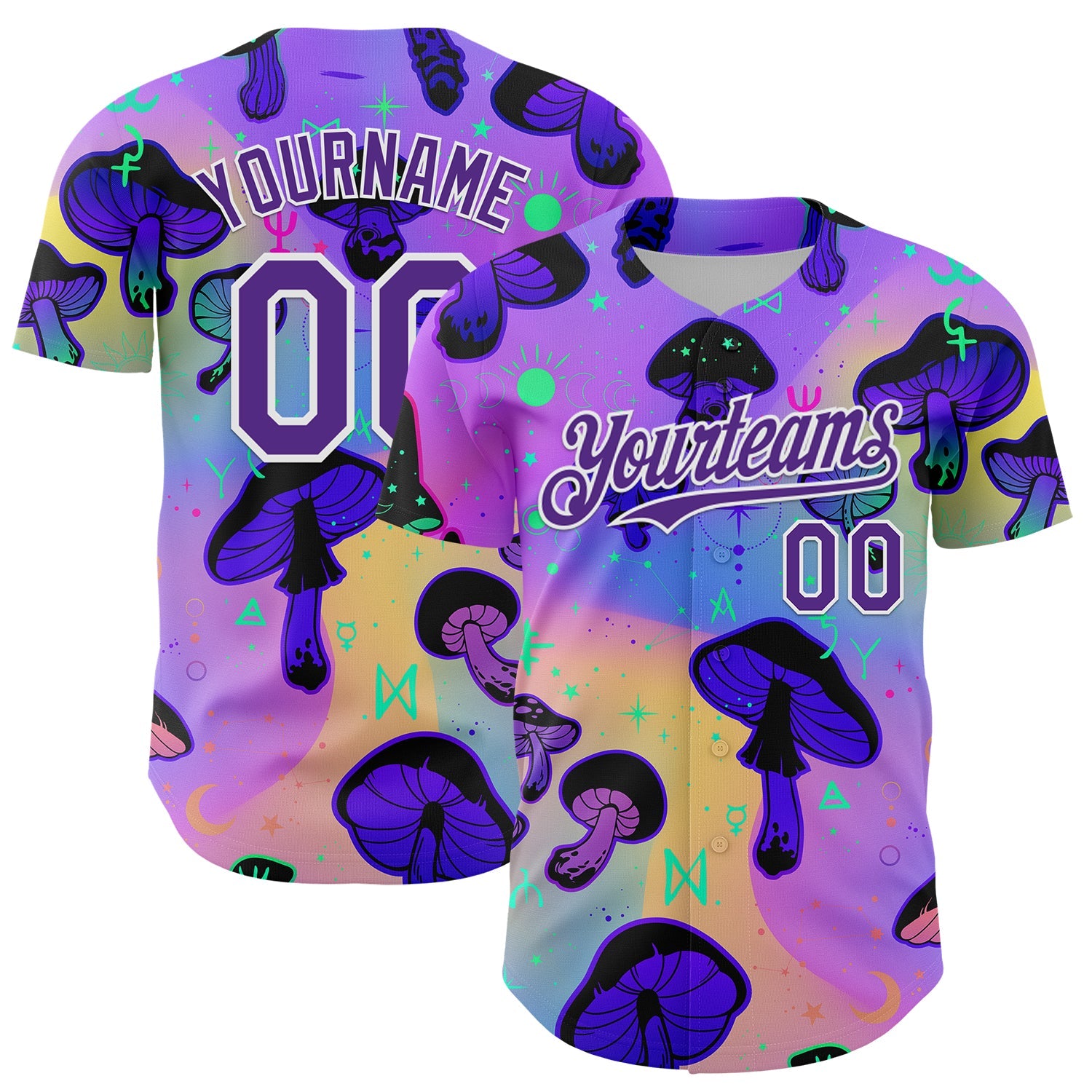 Custom Purple White 3D Pattern Design Trippy Psychedelic Magic Mushrooms Authentic Baseball Jersey - Sky-Custom