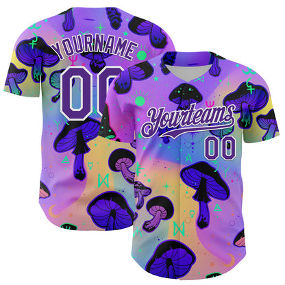 Custom Purple White 3D Pattern Design Trippy Psychedelic Magic Mushrooms Authentic Baseball Jersey - Sky-Custom