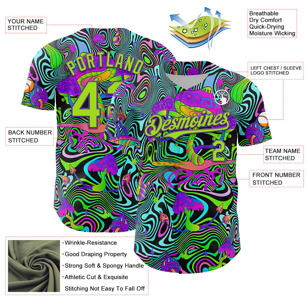 Custom Purple Neon Green 3D Pattern Design Trippy Groovy Magic Mushrooms Authentic Baseball Jersey - Sky-Custom