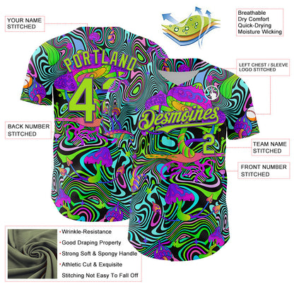 Custom Purple Neon Green 3D Pattern Design Trippy Groovy Magic Mushrooms Authentic Baseball Jersey - Sky-Custom