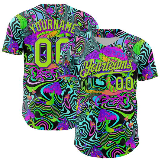 Custom Purple Neon Green 3D Pattern Design Trippy Groovy Magic Mushrooms Authentic Baseball Jersey - Sky-Custom