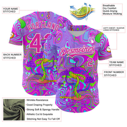 Custom Purple Deep Pink-White 3D Pattern Design Trippy Psychedelic Magic Mushrooms Authentic Baseball Jersey - Sky-Custom