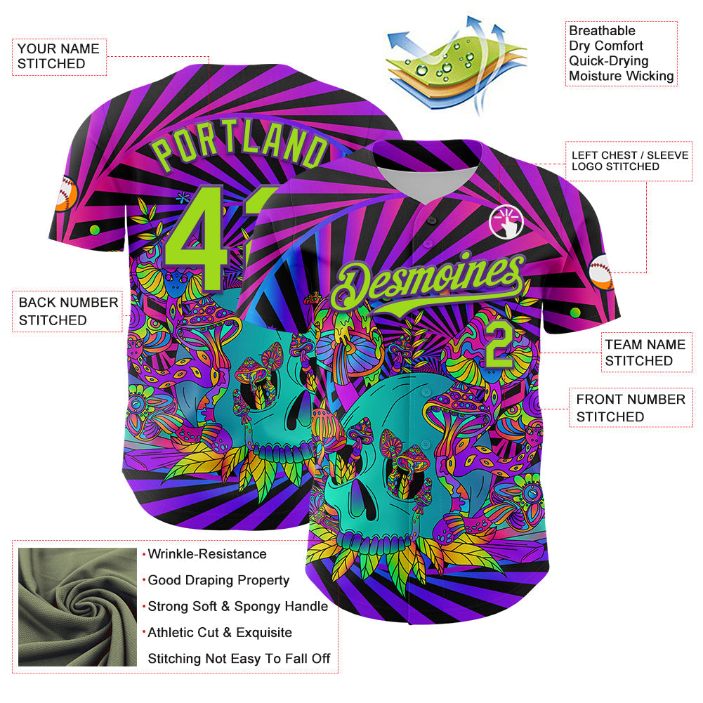 Custom Purple Neon Green 3D Pattern Design Trippy Magic Mushrooms Skull Authentic Baseball Jersey - Sky-Custom