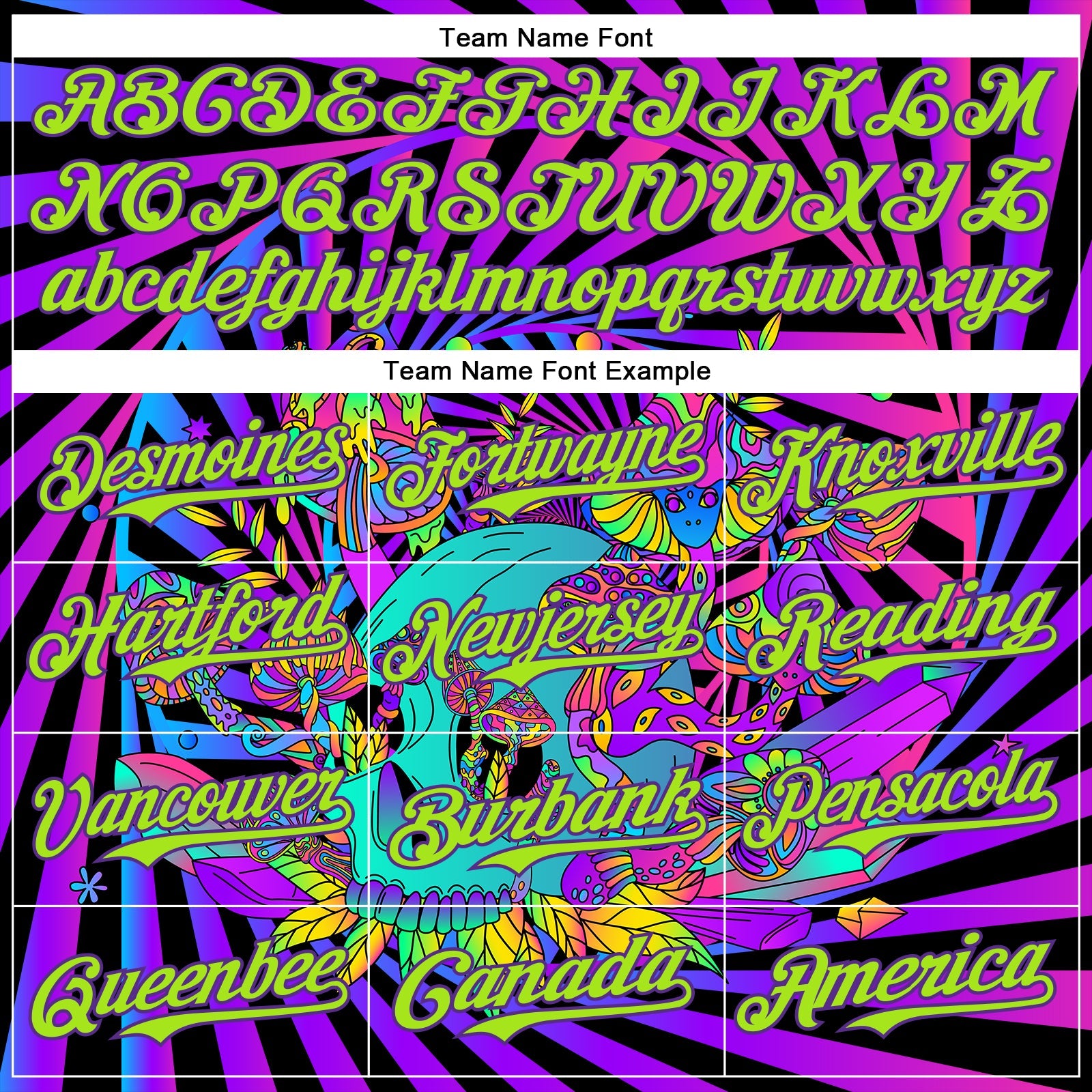 Custom Purple Neon Green 3D Pattern Design Trippy Magic Mushrooms Skull Authentic Baseball Jersey - Sky-Custom