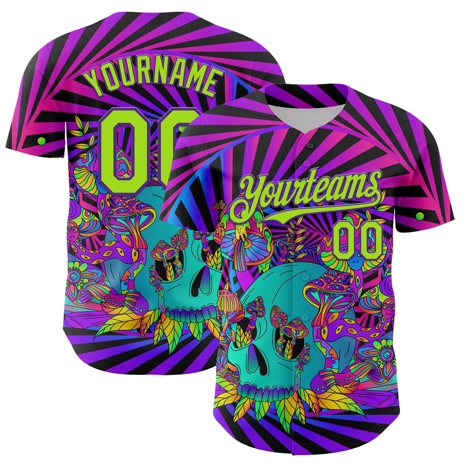 Custom Purple Neon Green 3D Pattern Design Trippy Magic Mushrooms Skull Authentic Baseball Jersey - Sky-Custom