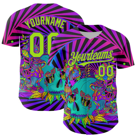 Custom Purple Neon Green 3D Pattern Design Trippy Magic Mushrooms Skull Authentic Baseball Jersey - Sky-Custom