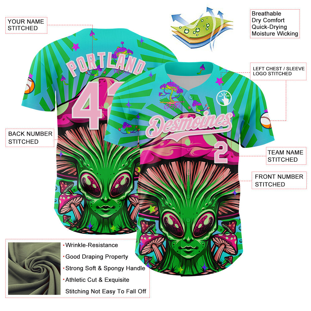 Custom Blule Light Pink-White 3D Pattern Design Trippy Magic Mushrooms Alien Authentic Baseball Jersey - Sky-Custom