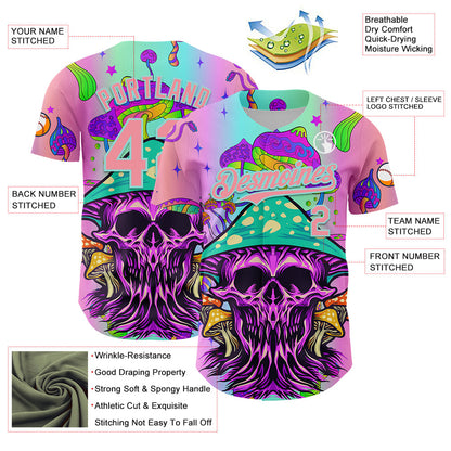Custom Purple Medium Pink-Ice Blue 3D Pattern Design Trippy Magic Mushrooms Skull Authentic Baseball Jersey - Sky-Custom