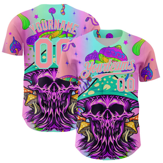 Custom Purple Medium Pink-Ice Blue 3D Pattern Design Trippy Magic Mushrooms Skull Authentic Baseball Jersey - Sky-Custom