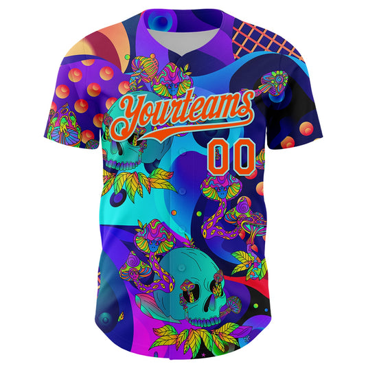 Custom Blue Orange-Ice Blue 3D Pattern Design Trippy Magic Mushrooms Skull Authentic Baseball Jersey - Sky-Custom