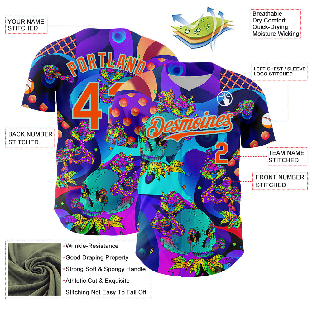 Custom Blue Orange-Ice Blue 3D Pattern Design Trippy Magic Mushrooms Skull Authentic Baseball Jersey - Sky-Custom
