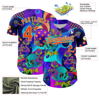 Custom Blue Orange-Ice Blue 3D Pattern Design Trippy Magic Mushrooms Skull Authentic Baseball Jersey - Sky-Custom