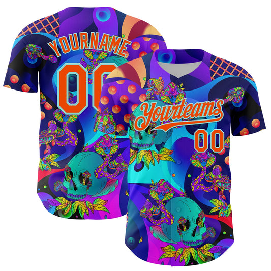 Custom Blue Orange-Ice Blue 3D Pattern Design Trippy Magic Mushrooms Skull Authentic Baseball Jersey - Sky-Custom