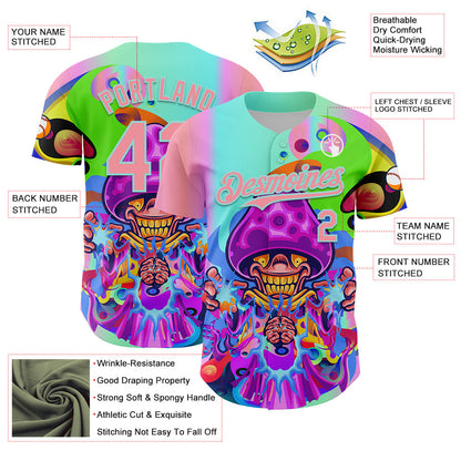 Custom Purple Medium Pink-Ice Blue 3D Pattern Design Trippy Magic Mushrooms Acid Authentic Baseball Jersey - Sky-Custom