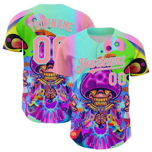 Custom Purple Medium Pink-Ice Blue 3D Pattern Design Trippy Magic Mushrooms Acid Authentic Baseball Jersey - Sky-Custom
