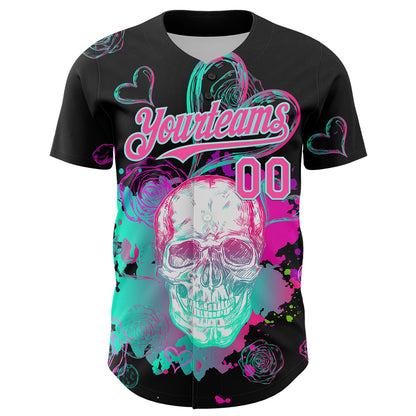 Custom Black Pink-Ice Blue 3D Pattern Design Trippy Magic Mushrooms Skull Authentic Baseball Jersey - Sky-Custom