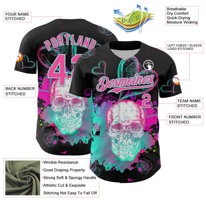 Custom Black Pink-Ice Blue 3D Pattern Design Trippy Magic Mushrooms Skull Authentic Baseball Jersey - Sky-Custom