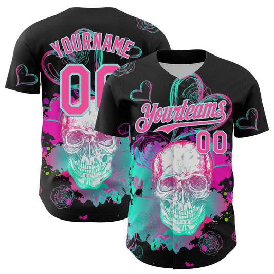 Custom Black Pink-Ice Blue 3D Pattern Design Trippy Magic Mushrooms Skull Authentic Baseball Jersey - Sky-Custom