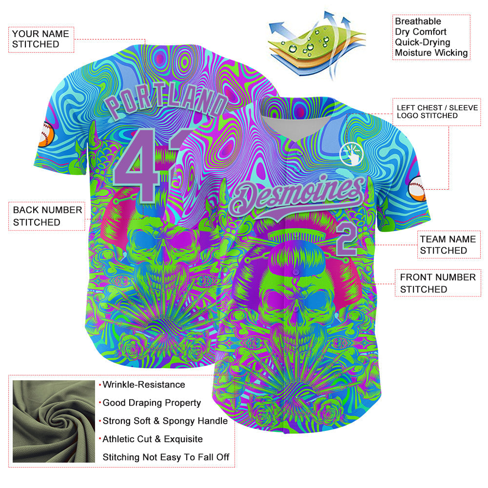 Custom Blue Medium Purple-Ice Blue 3D Pattern Design Trippy Magic Mushrooms Skull Authentic Baseball Jersey - Sky-Custom