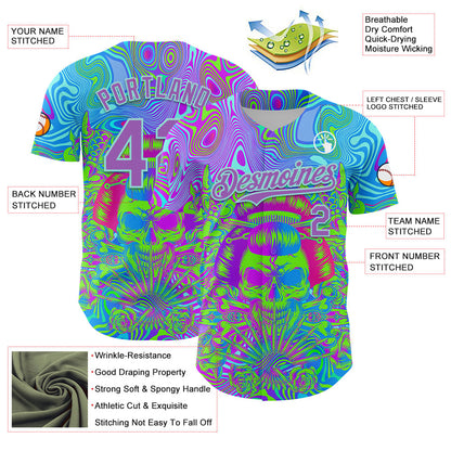 Custom Blue Medium Purple-Ice Blue 3D Pattern Design Trippy Magic Mushrooms Skull Authentic Baseball Jersey - Sky-Custom
