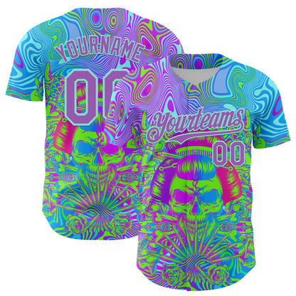 Custom Blue Medium Purple-Ice Blue 3D Pattern Design Trippy Magic Mushrooms Skull Authentic Baseball Jersey - Sky-Custom