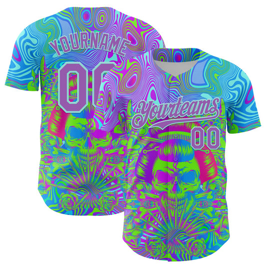 Custom Blue Medium Purple-Ice Blue 3D Pattern Design Trippy Magic Mushrooms Skull Authentic Baseball Jersey - Sky-Custom