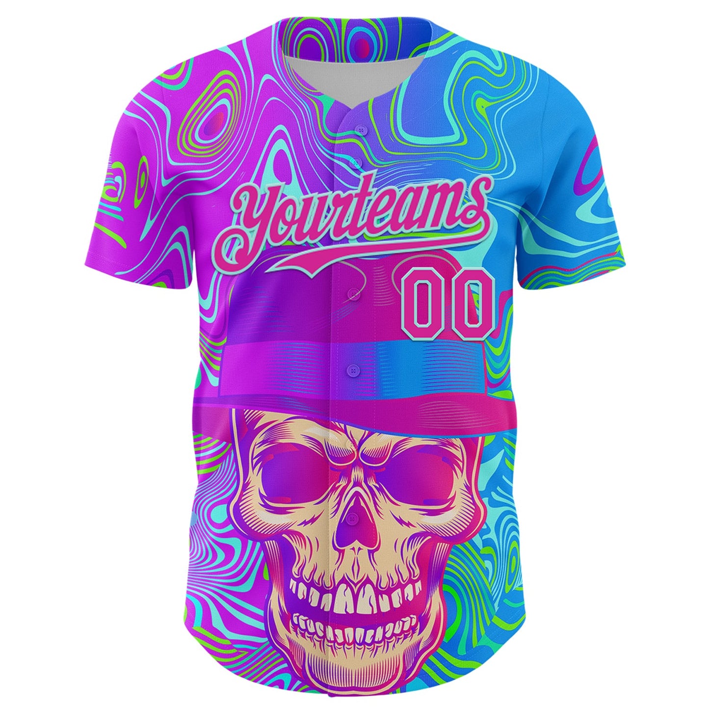 Custom Blue Deep Pink-Ice Blue 3D Pattern Design Trippy Magic Mushrooms Skull Authentic Baseball Jersey - Sky-Custom