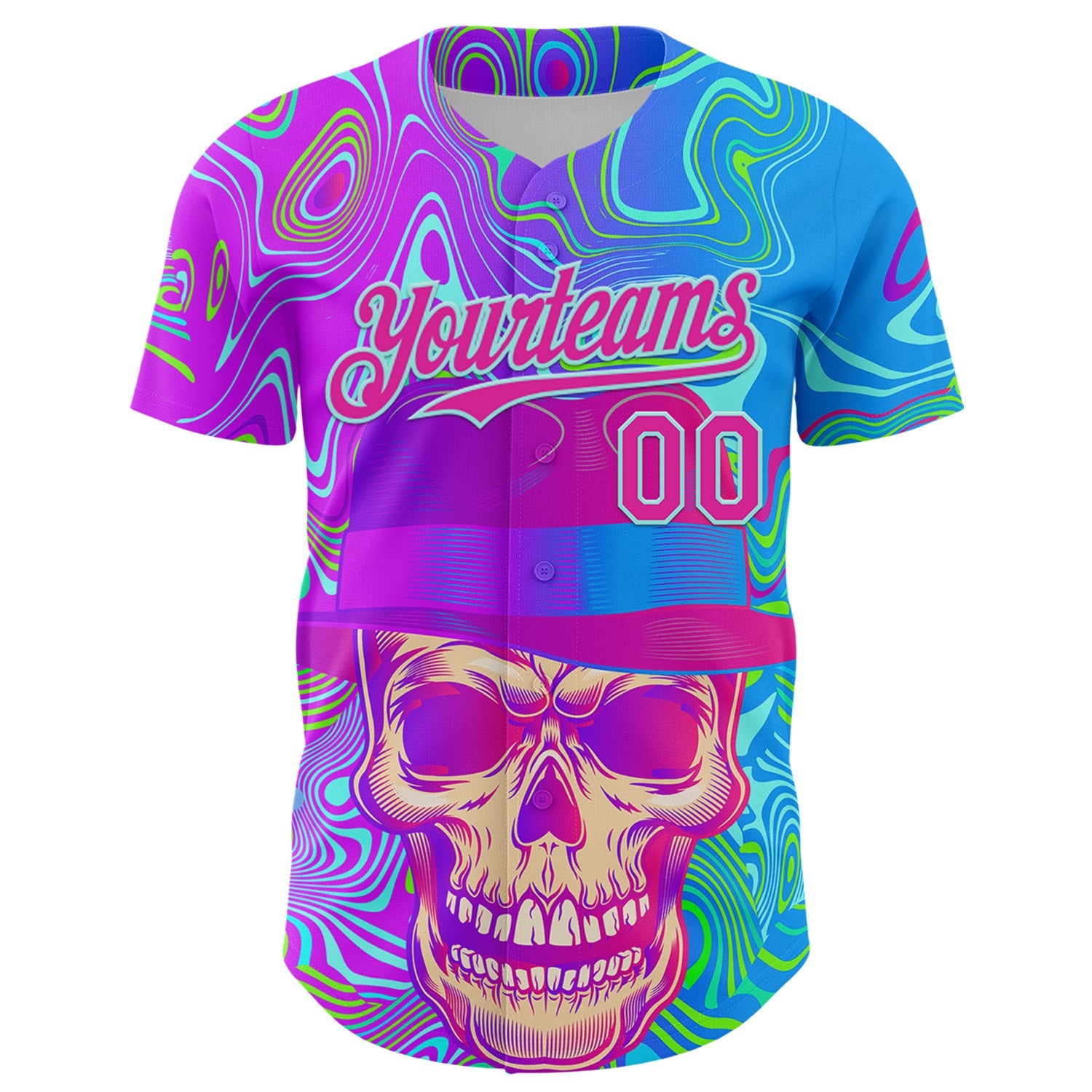 Custom Blue Deep Pink-Ice Blue 3D Pattern Design Trippy Magic Mushrooms Skull Authentic Baseball Jersey - Sky-Custom