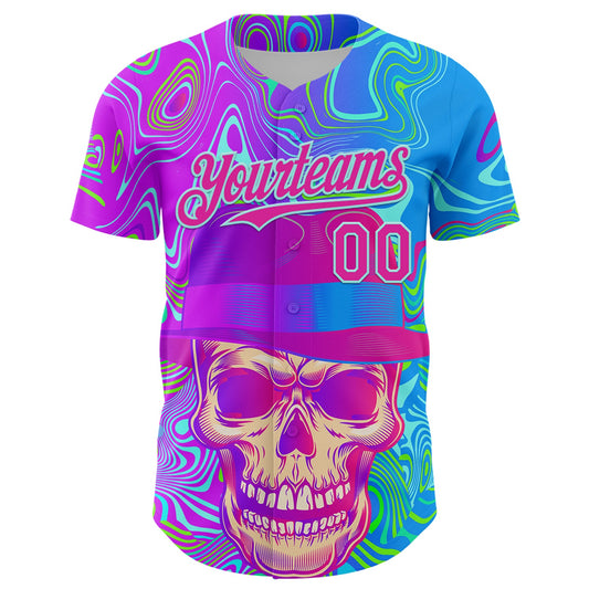 Custom Blue Deep Pink-Ice Blue 3D Pattern Design Trippy Magic Mushrooms Skull Authentic Baseball Jersey - Sky-Custom