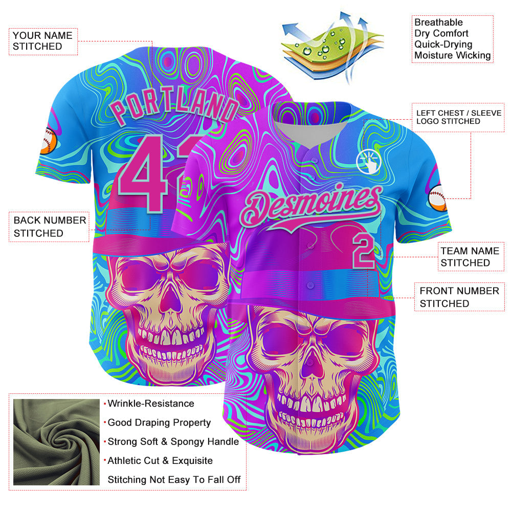 Custom Blue Deep Pink-Ice Blue 3D Pattern Design Trippy Magic Mushrooms Skull Authentic Baseball Jersey - Sky-Custom