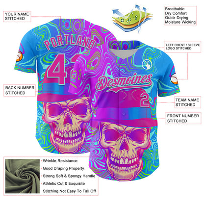 Custom Blue Deep Pink-Ice Blue 3D Pattern Design Trippy Magic Mushrooms Skull Authentic Baseball Jersey - Sky-Custom