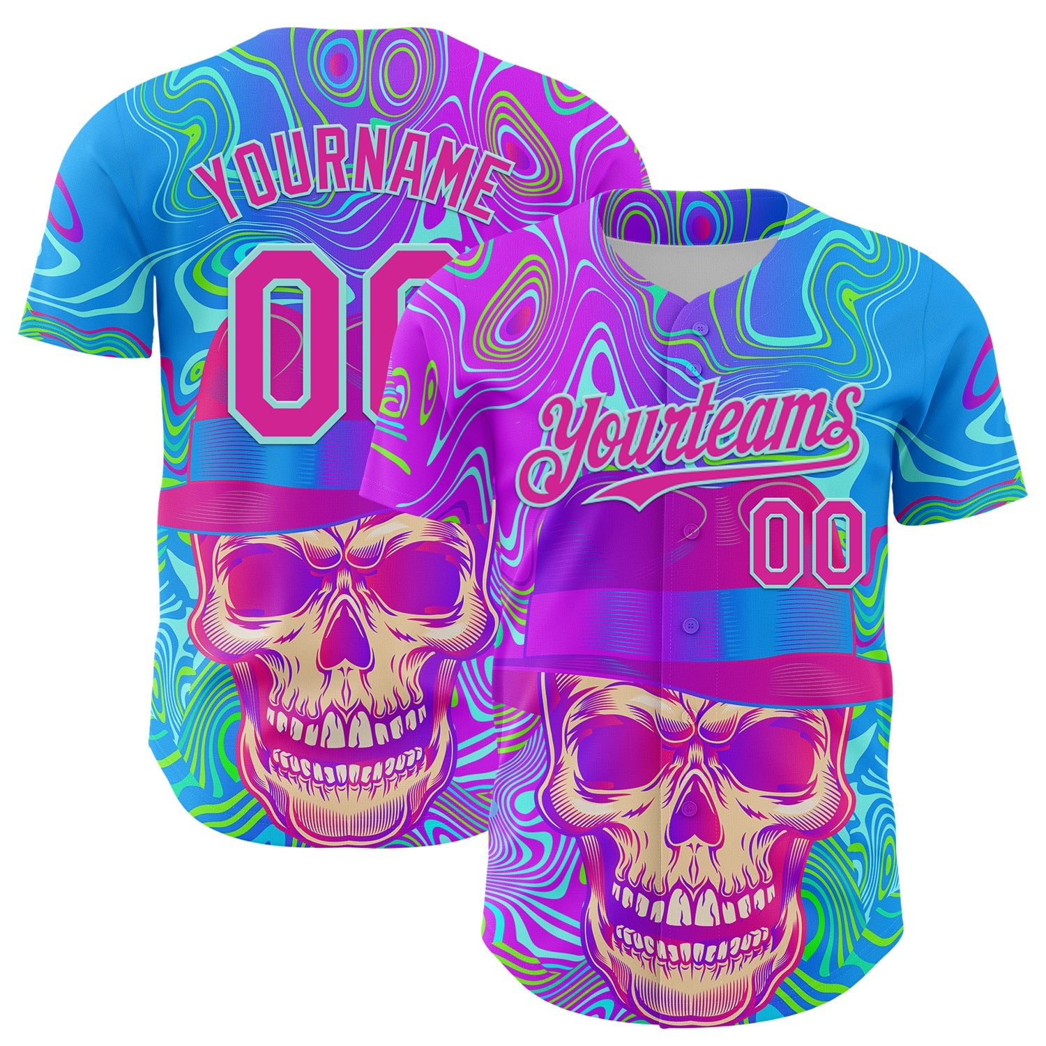 Custom Blue Deep Pink-Ice Blue 3D Pattern Design Trippy Magic Mushrooms Skull Authentic Baseball Jersey - Sky-Custom