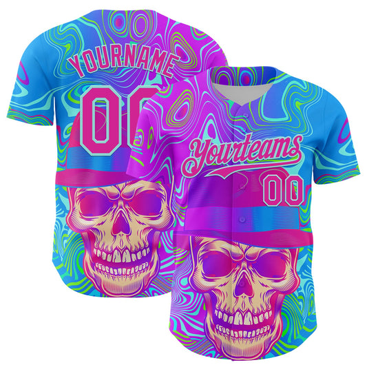 Custom Blue Deep Pink-Ice Blue 3D Pattern Design Trippy Magic Mushrooms Skull Authentic Baseball Jersey - Sky-Custom