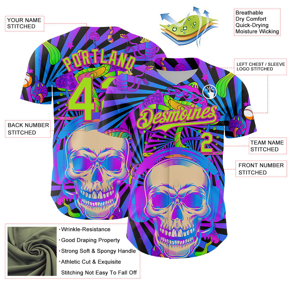 Custom Purple Neon Green-Deep Pink 3D Pattern Design Trippy Magic Mushrooms Skull Authentic Baseball Jersey - Sky-Custom