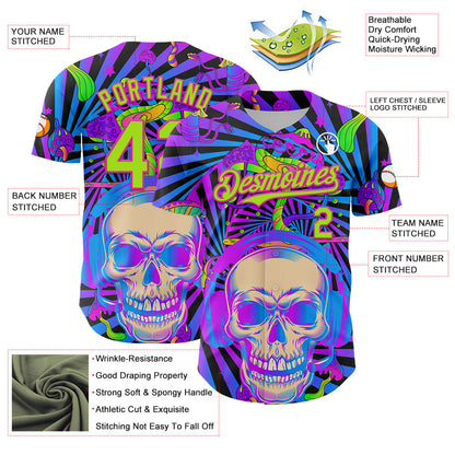 Custom Purple Neon Green-Deep Pink 3D Pattern Design Trippy Magic Mushrooms Skull Authentic Baseball Jersey - Sky-Custom