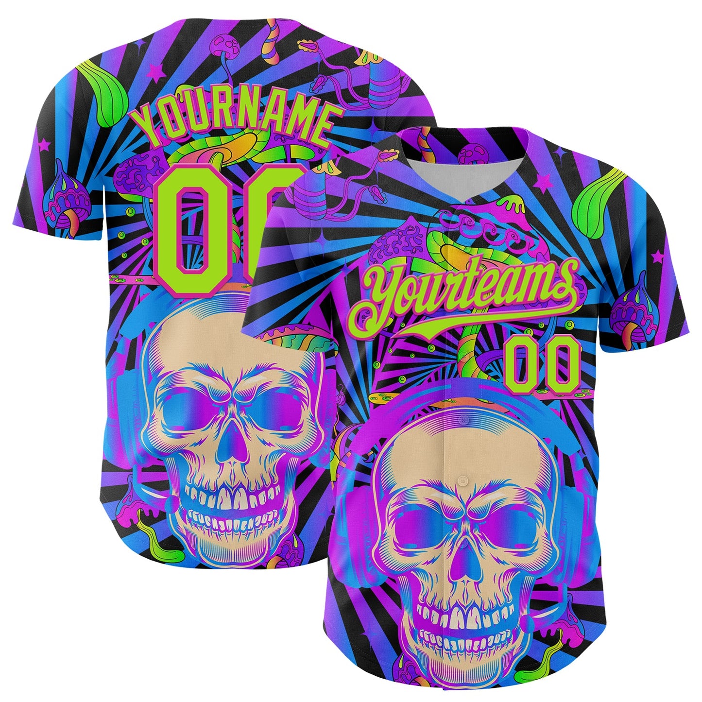 Custom Purple Neon Green-Deep Pink 3D Pattern Design Trippy Magic Mushrooms Skull Authentic Baseball Jersey - Sky-Custom