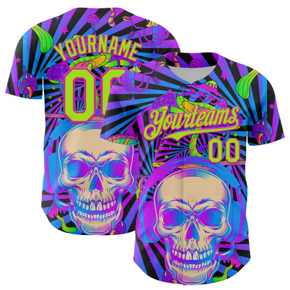 Custom Purple Neon Green-Deep Pink 3D Pattern Design Trippy Magic Mushrooms Skull Authentic Baseball Jersey - Sky-Custom