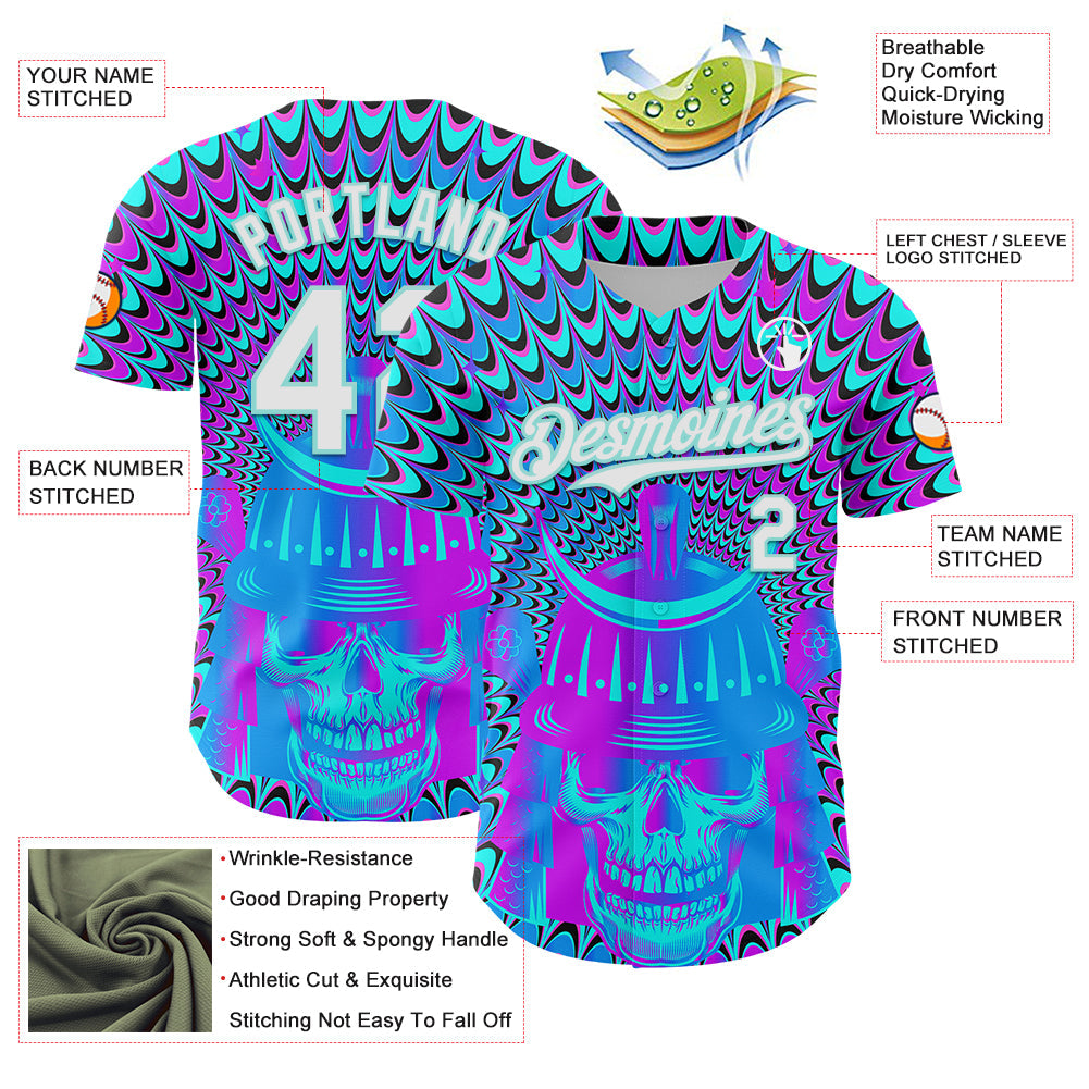 Custom Purple White-Ice Blue 3D Pattern Design Trippy Magic Mushrooms Skull Authentic Baseball Jersey - Sky-Custom