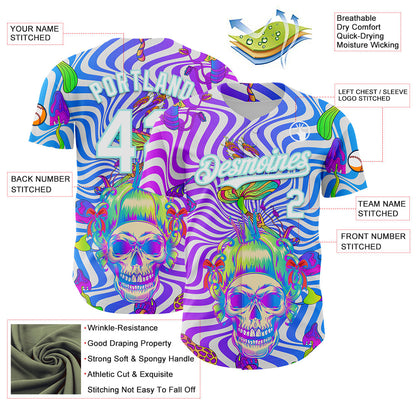 Custom Purple White-Ice Blue 3D Pattern Design Trippy Magic Mushrooms Skull Authentic Baseball Jersey - Sky-Custom