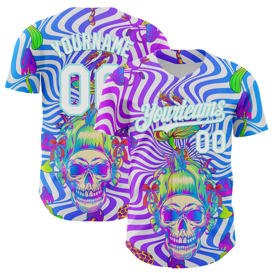 Custom Purple White-Ice Blue 3D Pattern Design Trippy Magic Mushrooms Skull Authentic Baseball Jersey - Sky-Custom