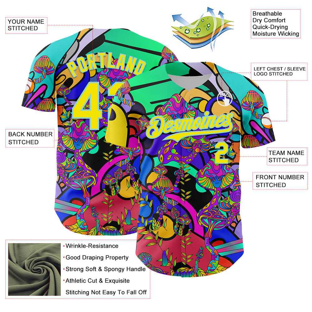 Custom Green Light Yellow-Ice Blue 3D Pattern Design Trippy Magic Mushrooms Hippie Authentic Baseball Jersey - Sky-Custom