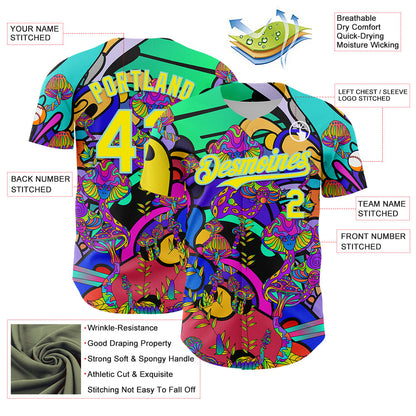 Custom Green Light Yellow-Ice Blue 3D Pattern Design Trippy Magic Mushrooms Hippie Authentic Baseball Jersey - Sky-Custom