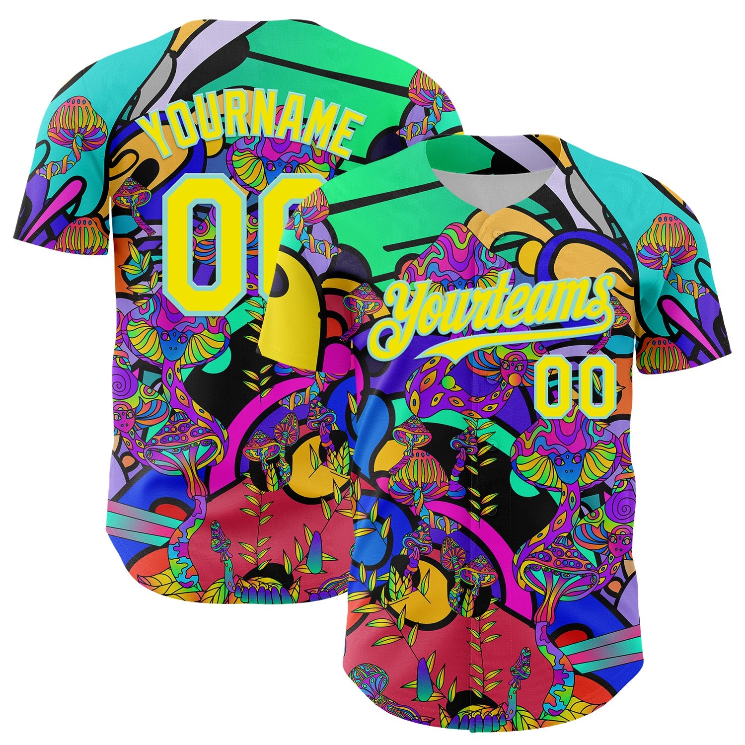 Custom Green Light Yellow-Ice Blue 3D Pattern Design Trippy Magic Mushrooms Hippie Authentic Baseball Jersey - Sky-Custom