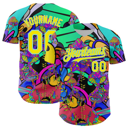 Custom Green Light Yellow-Ice Blue 3D Pattern Design Trippy Magic Mushrooms Hippie Authentic Baseball Jersey - Sky-Custom