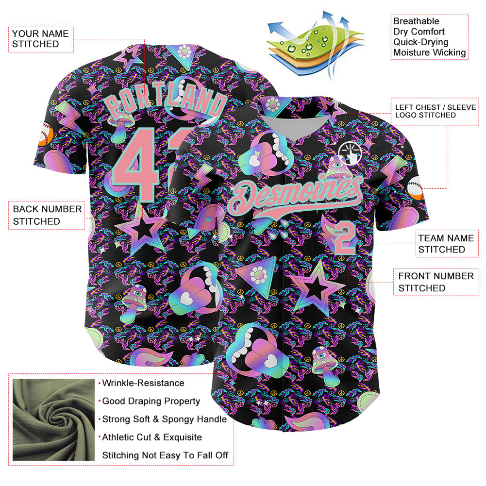 Custom Black Medium Pink-Ice Blue 3D Pattern Design Trippy Magic Mushrooms Peace Sign Authentic Baseball Jersey - Sky-Custom