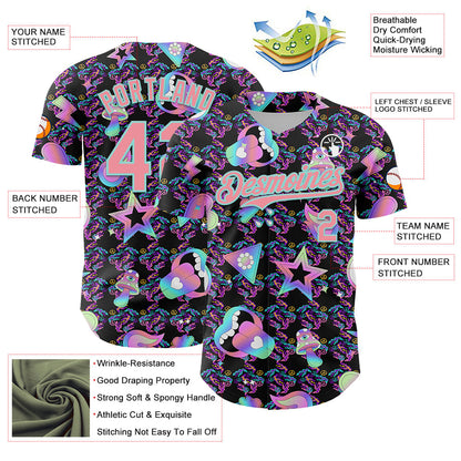 Custom Black Medium Pink-Ice Blue 3D Pattern Design Trippy Magic Mushrooms Peace Sign Authentic Baseball Jersey - Sky-Custom