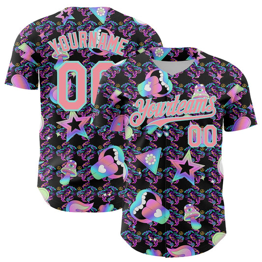 Custom Black Medium Pink-Ice Blue 3D Pattern Design Trippy Magic Mushrooms Peace Sign Authentic Baseball Jersey - Sky-Custom