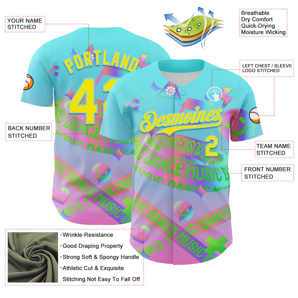 Custom Blue Light Yellow-Ice Blue 3D Pattern Design Trippy Dance Music Acid Authentic Baseball Jersey - Sky-Custom