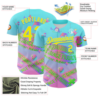 Custom Blue Light Yellow-Ice Blue 3D Pattern Design Trippy Dance Music Acid Authentic Baseball Jersey - Sky-Custom